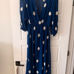 Deep Blue V-Neck Maxi Dress with Metallic Embellishments